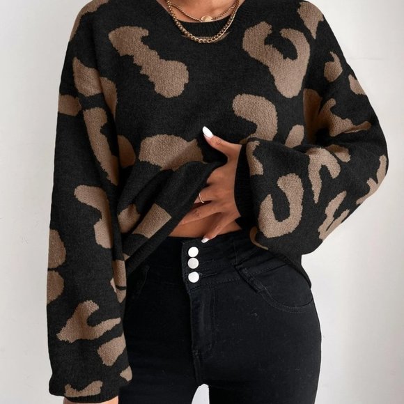 . Sweaters - Black Preppy Womens Leopard Print Graphic Pattern Sweater